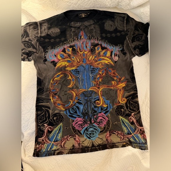 Christian Audigier Tops - Christian Audigier Black and Multicolor Graphic Tee